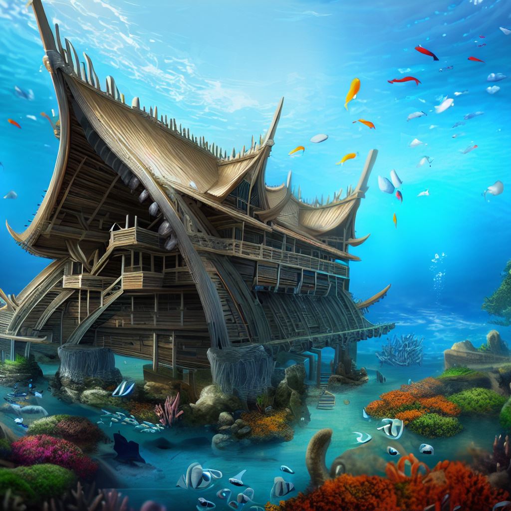 Design an underwater barn that is home to a variety of sea creatures and surrounded by coral reefs and schools of fish.