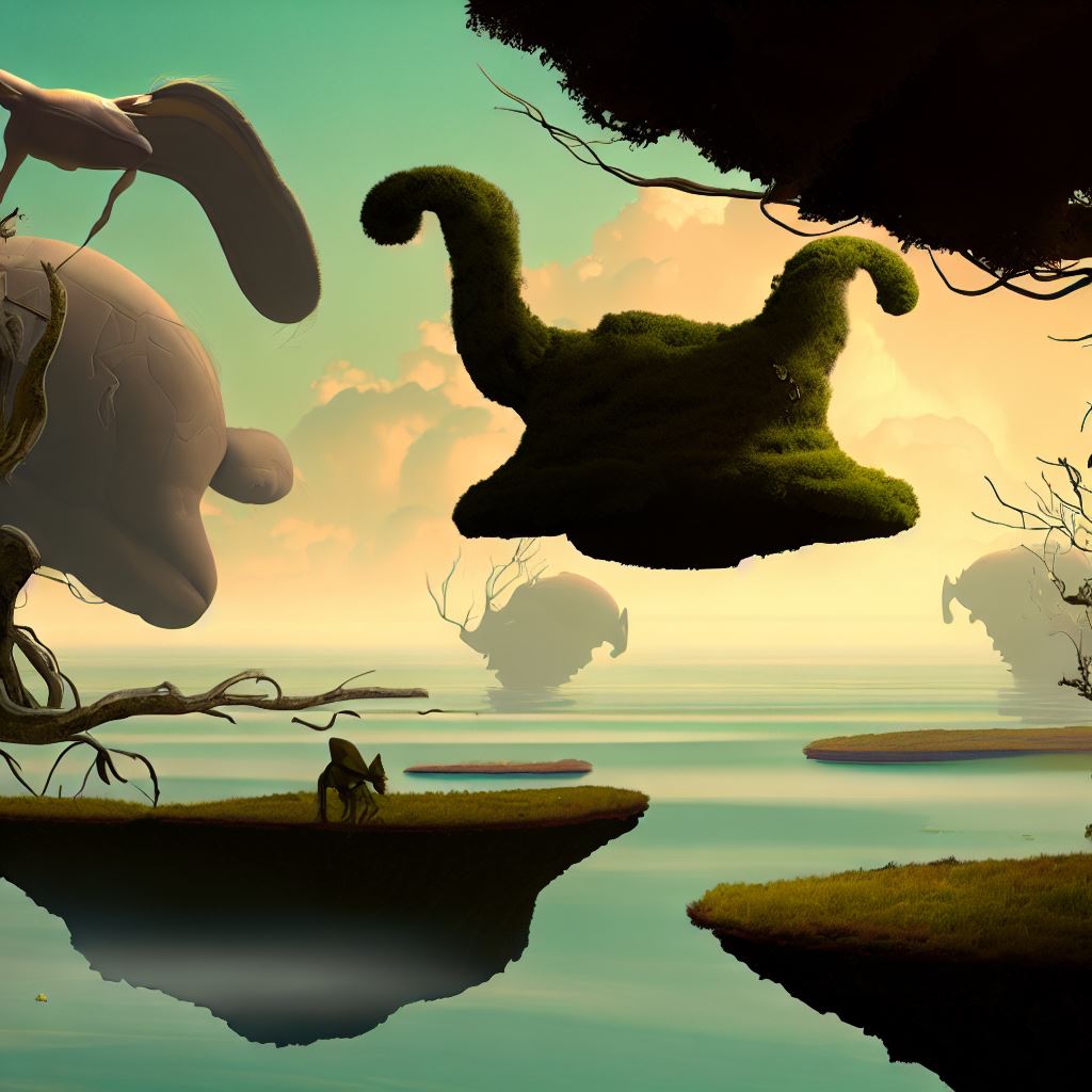 Create a surreal landscape of nature with floating islands, strange trees and creatures。第 4 个图像，共 4 个图像
