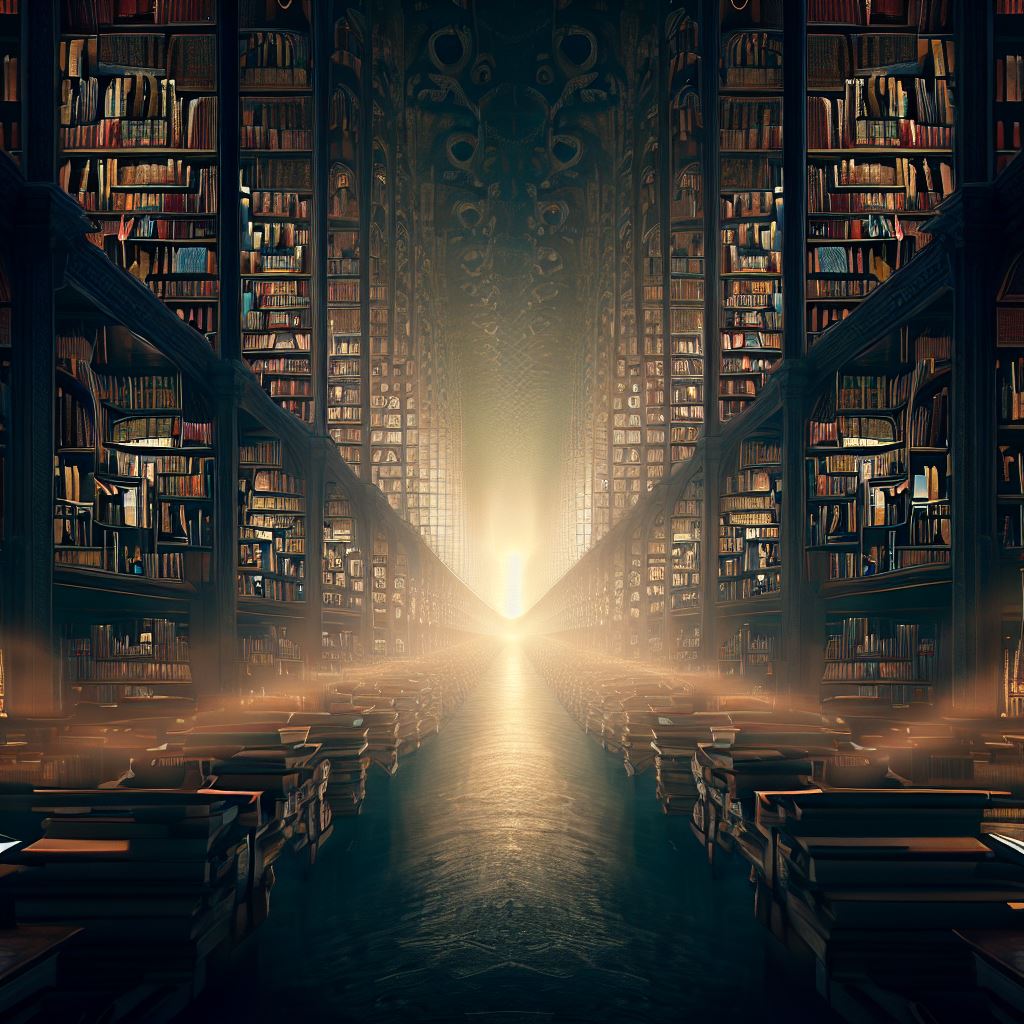 Create an image of a vast library filled with the collective knowledge of humanity, accessible to all.