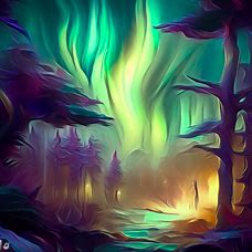 Make a whimsical and imaginative painting of a magical forest with the Northern Lights shining bright.