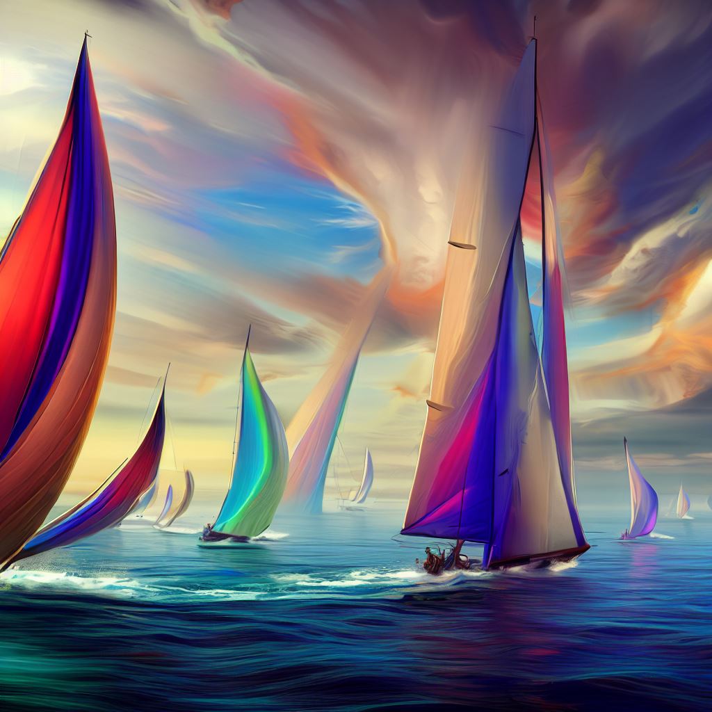 Imagine a majestic yachting competition on the open sea, with wind-powered vessels and vibrant sails.。第 4 个图像，共 4 个图像