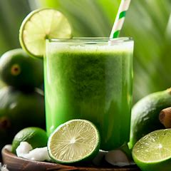 Show a delicious green smoothie made with limes, spirulina, and coconut milk.