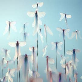 A flock of delicate, fluttering butterfly-like creatures perched on towering flower stalks. Image 4 of 4