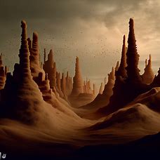 Create a surreal landscape populated by termites, with their mounds appearing as towering cities.