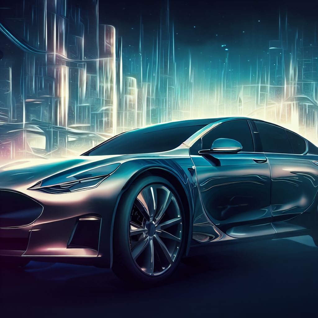 Imagine a stylized version of the Tesla Model S, with elegant curves and sleek lines, set in a futuristic cityscape.。第 3 个图像，共 4 个图像