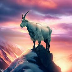 Create an image of a majestic mountain goat standing on the peak of a snow covered mountain lightly dusted with pink and orange sunset colors