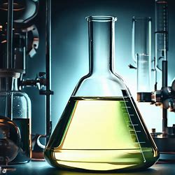 Create an image of a glass flask filled with sulfuric acid, surrounded by scientific equipment