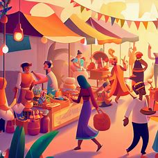 Create a vibrant and bustling outdoor market scene that showcases the diversity of cultures and goods sold.