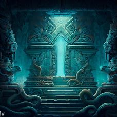 Design a gorgeous and mysterious temple filled with intricate carvings of snakes and other mystical creatures.