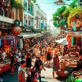 A vibrant, bustling street market filled with vendors selling exotic goods and street performers entertaining the crowd.. Image 4 of 4