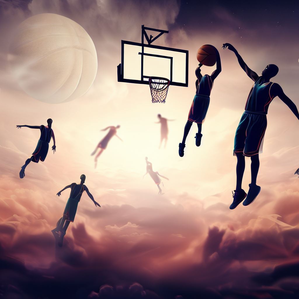 Create a surreal interpretation of a basketball game where players are floating through the air while they shoot hoops.。第 3 个图像，共 4 个图像