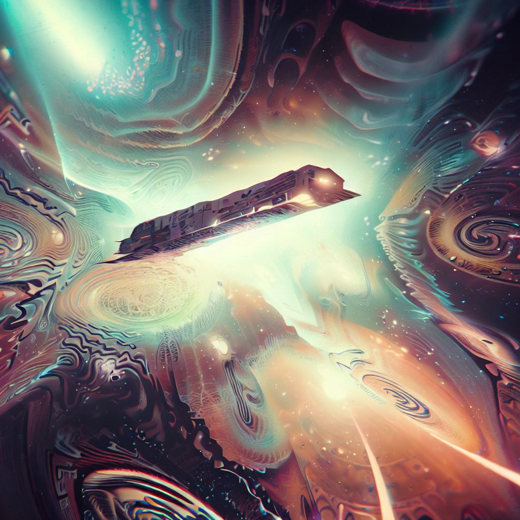 A surreal rendering of a spaceship moving through a dreamlike starfield, with surreal patterns and shapes.