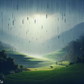 Create a surreal landscape where rice is the central feature, maybe it's raining rice or there's towering rice terraces.. Image 1 of 4