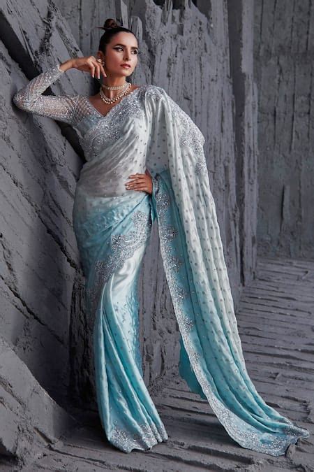 Buy Blue Butterfly Net Embroidery Sequin Deep V Neck Ombre Saree With ...