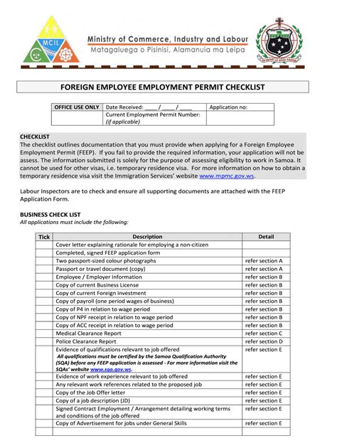 Fillable Online foreign employee employment permit checklist - Samoa ...