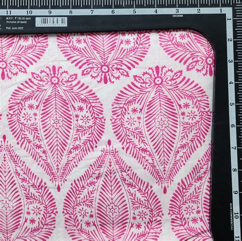 Pure Cotton White With Pink Big Leaf Motif Screen Print Fabric – Sanskruti
