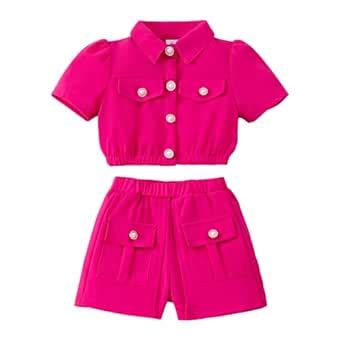 Buy Hopscotch Girls Pink Short Sleeves 2-Pc Button Embellished Shorts ...