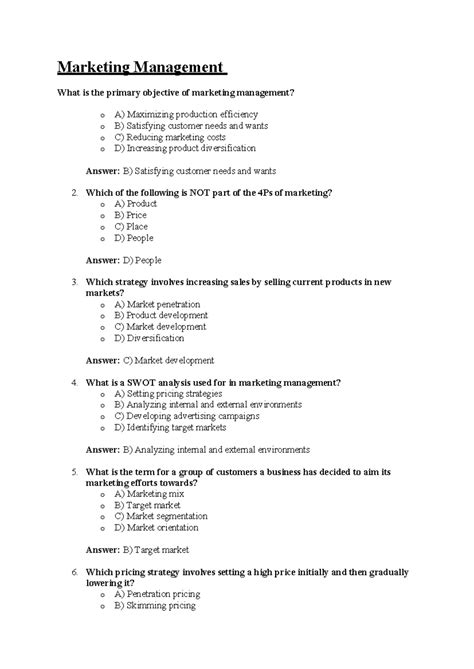 Marketing management 10 MCQ Question and Answers for MBA and BBA ...
