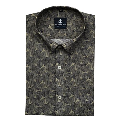 Light Brown Color Leaf Printed Wool Cotton Shirt For Men – Punekar Cotton