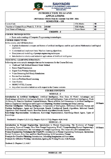 Introduction to AI Syllabus (Course Code: CIA) - 2025 Scheme - Studocu
