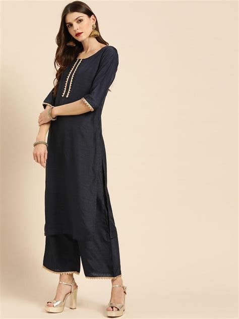 Buy Navy Blue Solid Chanderi Silk Straight Kurta With Palazzos & Stole ...