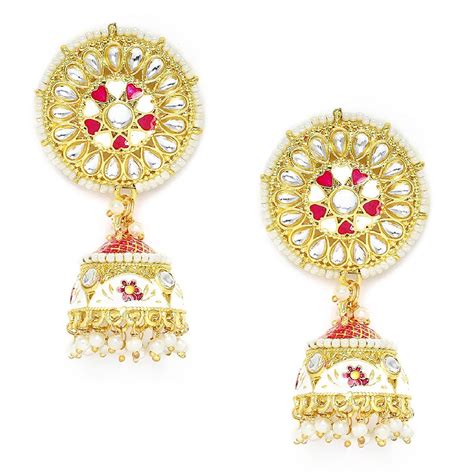 Buy Fabula Pink Meenakari Enamel with Kundan and Pearls Jhumka Earrings ...