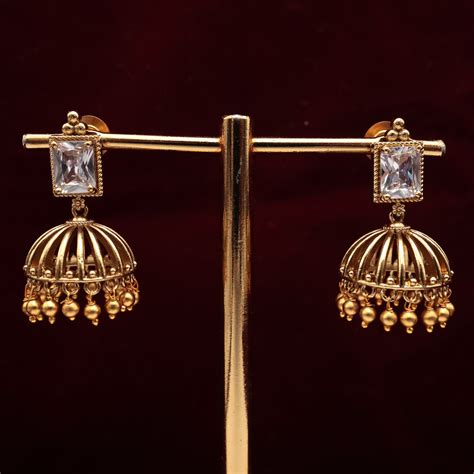 ANTIQUE GOLD PREMIUM AD SQUARE STONE JHUMKAS - WHITE