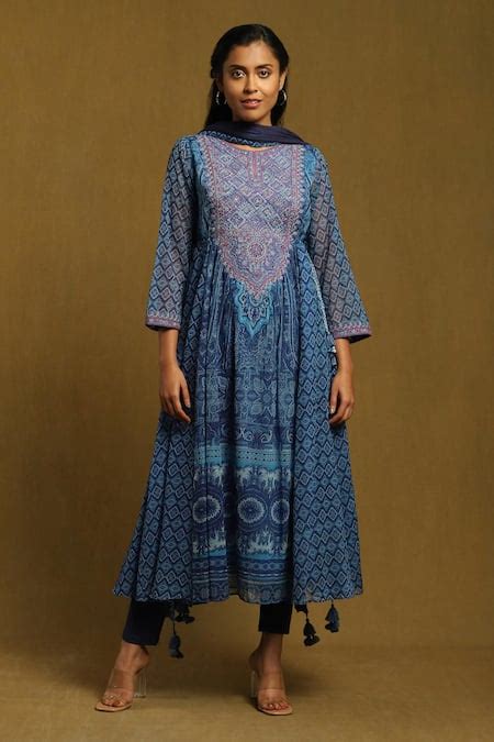 Buy Blue Viscose, Chiffon, Lycra Tassels Round Neck Diamond Motif Print ...