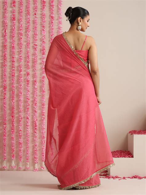 Pink Cotton Chanderi Saree with Gold Border