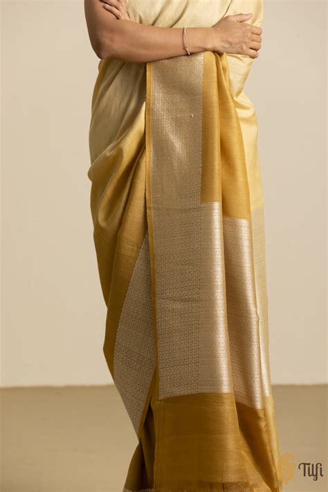 Mustard Ombr√© Pure Tussar Georgette Silk Banarasi Handloom Saree - Tilfi