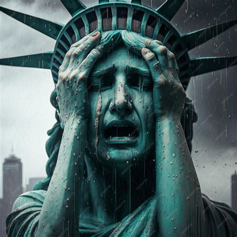 Premium Photo | A statue of liberty crying in the rain
