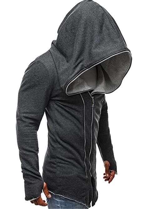 Buy GUOCAI Men Zip Up Hip Hop Solid Color Thumb Hole Hoodies Sweatshirt ...