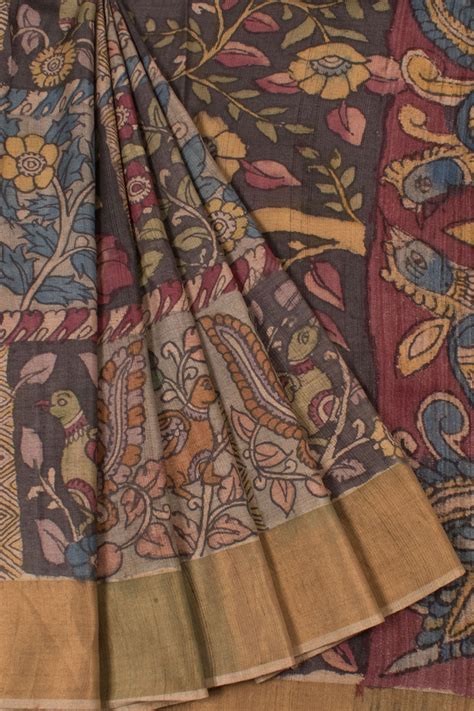 Elephant Grey Hand Painted Pen Kalamkari Tussar Silk Saree 10059457 ...