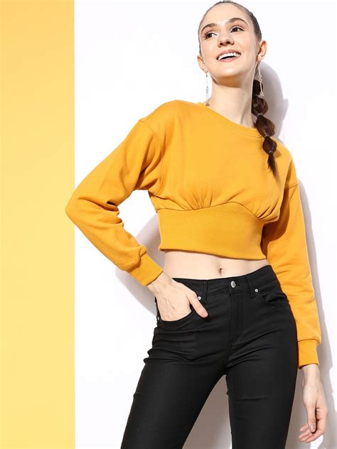 Women Solid Yellow Round Neck Straight Hem Crop Pullover Sweatshirt ...