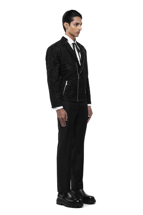 Black Silk Traditional Embroidery Biker Jacket - SDS | KUSHAL SHAH