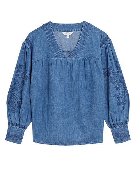 Buy Denim Embroidered V-Neck Popover Blouse at Marks & Spencer