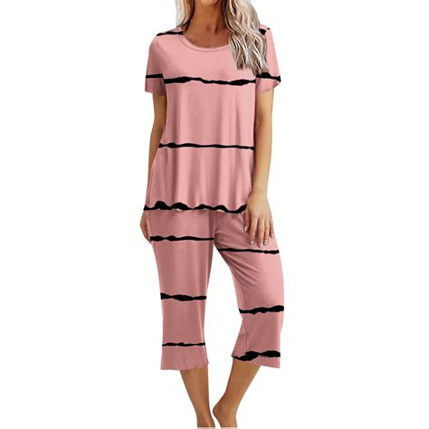 Dyegold Pajama Sets For Women Soft 2 Pieces Outfit Short Sleeve Round ...