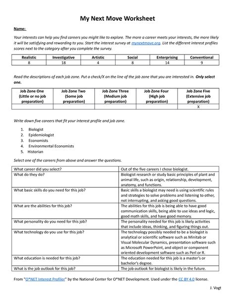 Career Planning - My Next Move Worksheet - My Next Move Worksheet Name ...