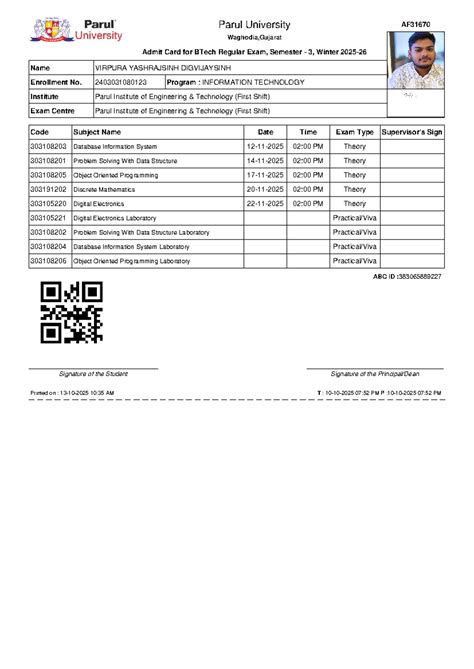 Admit Card for BTech Regular Exam AF31670 Semester 3 Winter 2025-26 ...