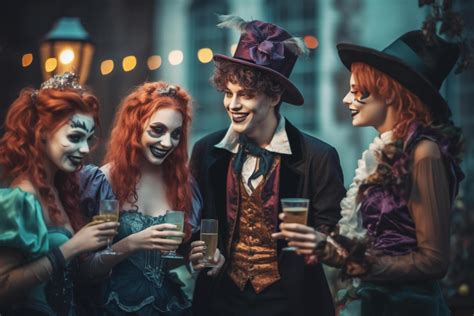 Teenagers friends in costumes celebrating and having fun at halloween ...
