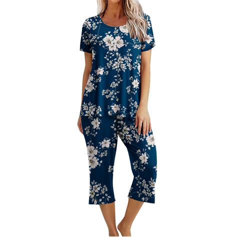 Dyegold Pajama Sets For Women Soft 2 Pieces Outfit Short Sleeve Round ...