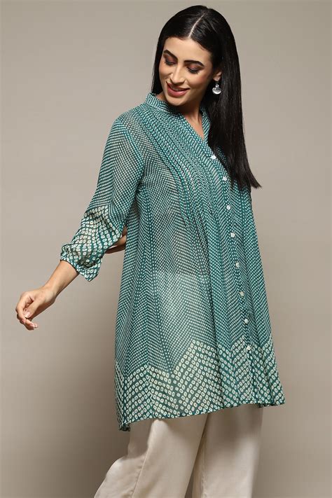 Teal Polyester Straight Printed Top