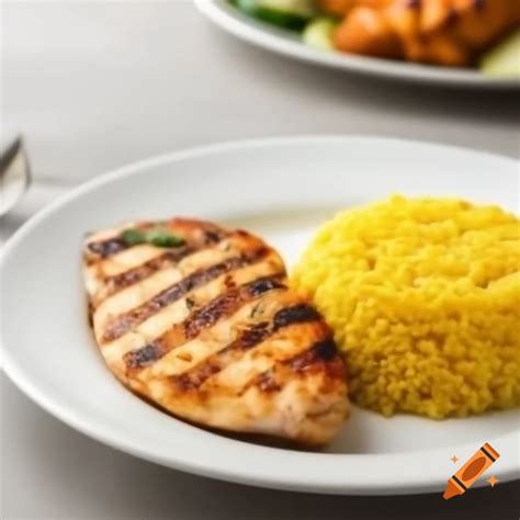 White plate with yellow rice and whole grilled chicken on Craiyon