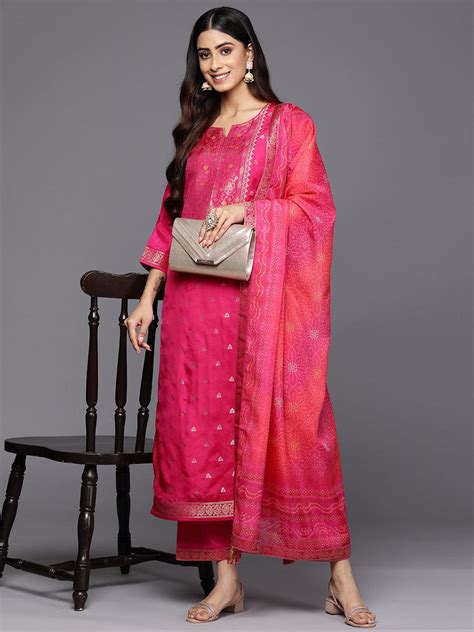 Buy Magenta Self Design Silk Blend Straight Kurta With Trousers ...