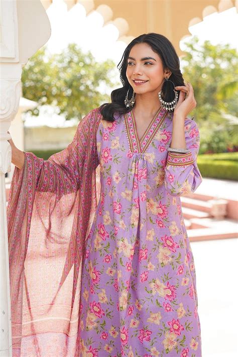 Buy Purple Rayon Blend Floral Printed Straight Kurta Trousers With ...