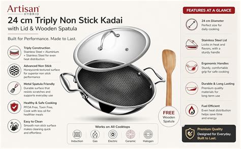 Urbniva Artisan Hybrid, 24 cm Triply Non Stick Kadai with Lid with ...