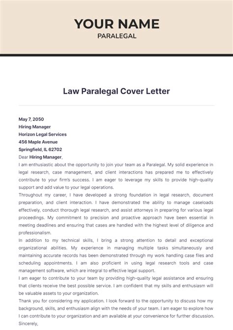 Free Law Paralegal Cover Letter Template to Edit Online