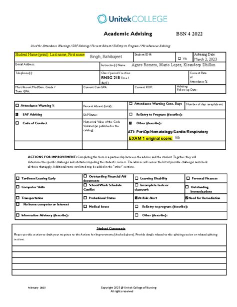 Academic Advising Form Exam 1 BSN 4 2022 1 - February 2023 Copyright ...
