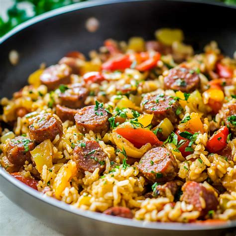 One Skillet Onion and Pepper Kielbasa with Rice