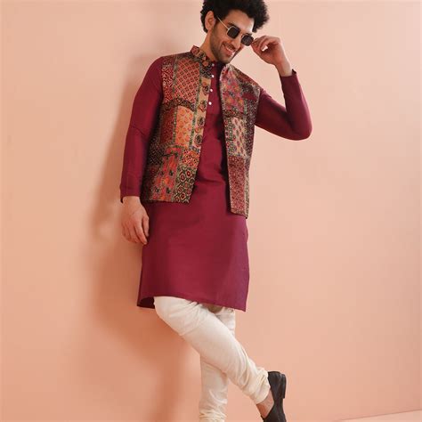 Maroon Silk Blend Printed Jacket Kurta Churidar Set – Kisah
